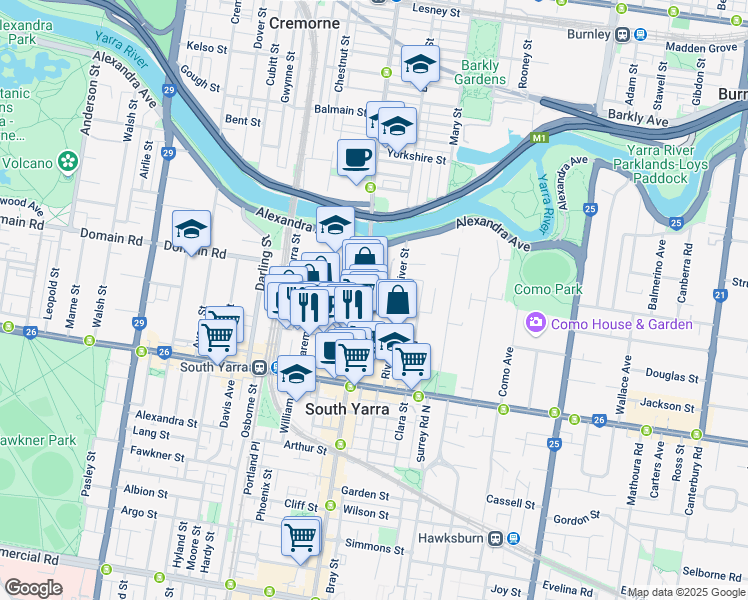 map of restaurants, bars, coffee shops, grocery stores, and more near 700 Chapel Street in South Yarra