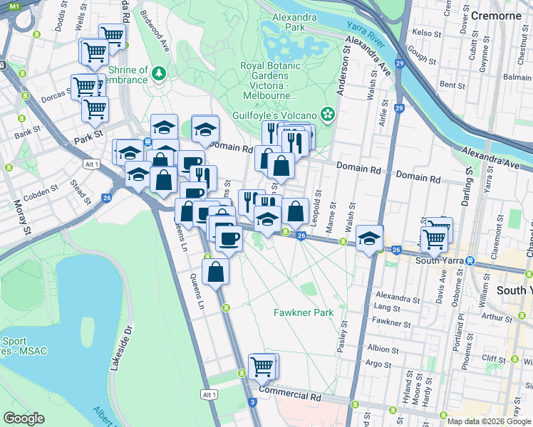 map of restaurants, bars, coffee shops, grocery stores, and more near 25 Millswyn Street in South Yarra