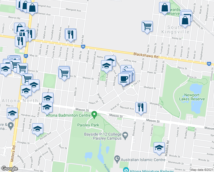 map of restaurants, bars, coffee shops, grocery stores, and more near 6 Collins Avenue in Altona North