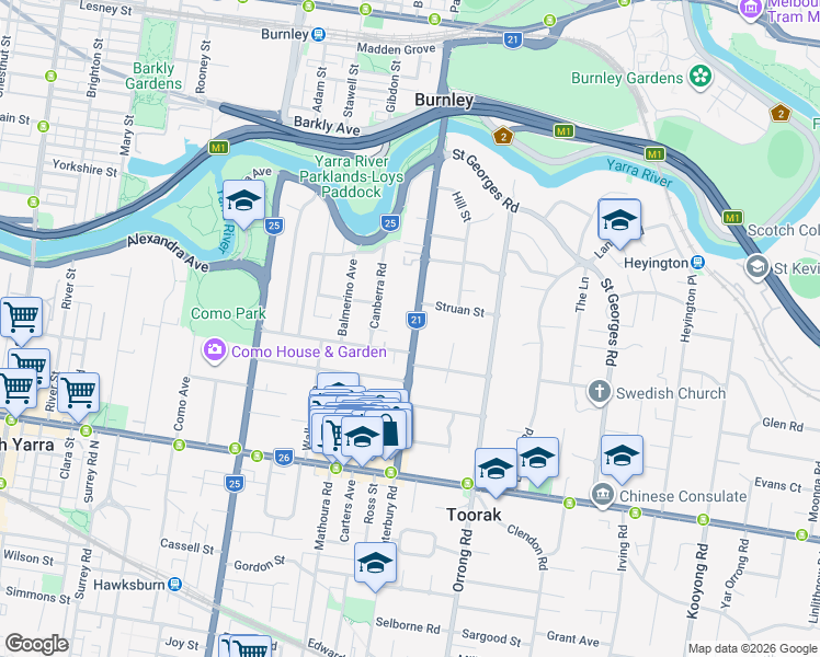 map of restaurants, bars, coffee shops, grocery stores, and more near 49 Grange Road in Toorak