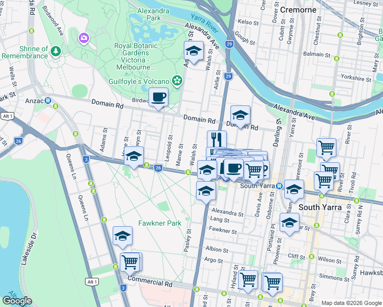 map of restaurants, bars, coffee shops, grocery stores, and more near 49 Walsh Street in South Yarra