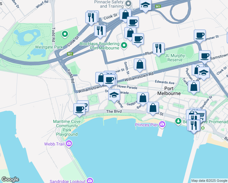 map of restaurants, bars, coffee shops, grocery stores, and more near Dunstan Parade in Port Melbourne