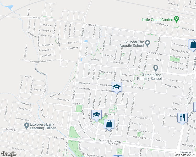 map of restaurants, bars, coffee shops, grocery stores, and more near Yanga Avenue in Tarneit