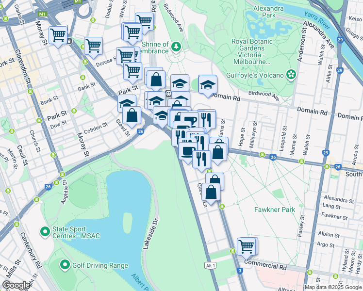 map of restaurants, bars, coffee shops, grocery stores, and more near 5 Queens Road in Melbourne