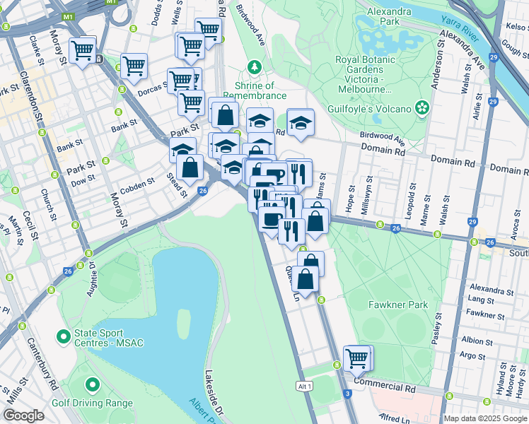map of restaurants, bars, coffee shops, grocery stores, and more near 5 Queens Road in Melbourne