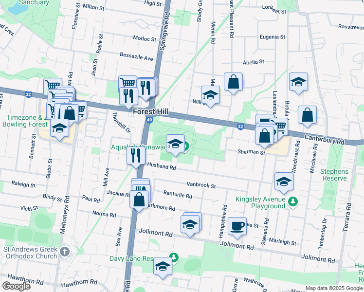 map of restaurants, bars, coffee shops, grocery stores, and more near in Forest Hill