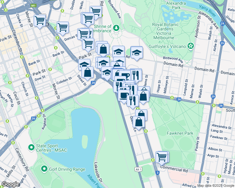 map of restaurants, bars, coffee shops, grocery stores, and more near 5 Queens Road in Melbourne