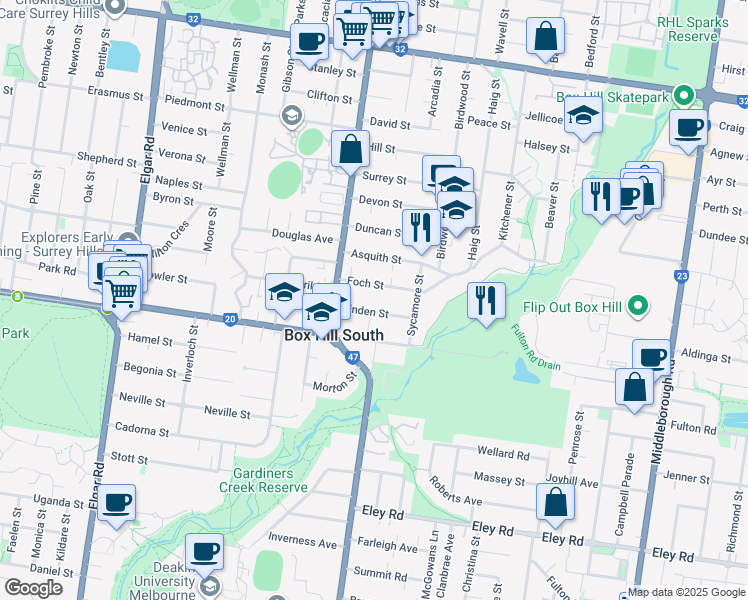 map of restaurants, bars, coffee shops, grocery stores, and more near 11 Linden Street in Box Hill South