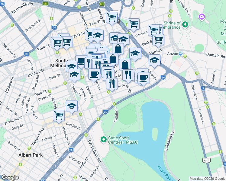 map of restaurants, bars, coffee shops, grocery stores, and more near 79 Raglan Street in South Melbourne