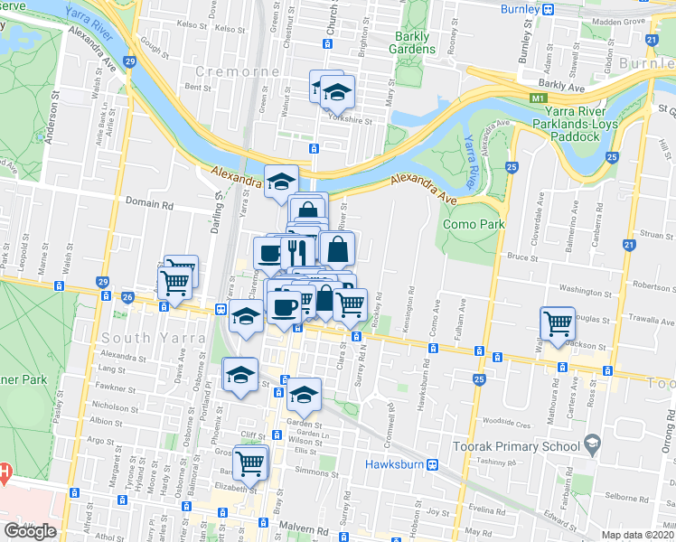 map of restaurants, bars, coffee shops, grocery stores, and more near 58 River Street in South Yarra