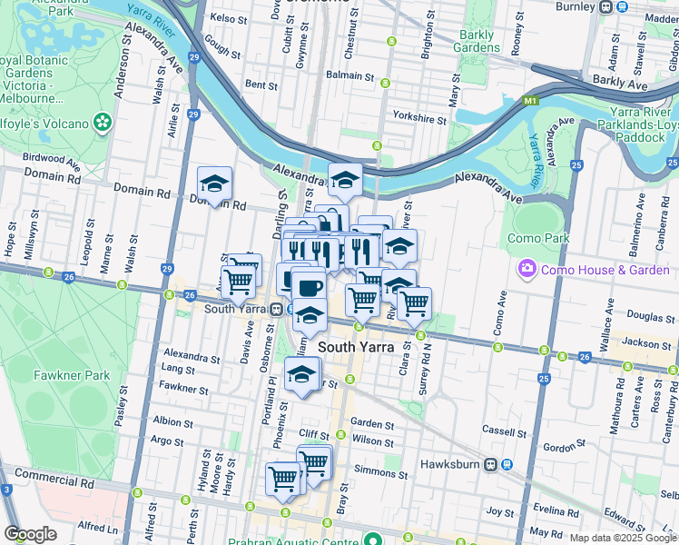 map of restaurants, bars, coffee shops, grocery stores, and more near 8 Daly Street in South Yarra