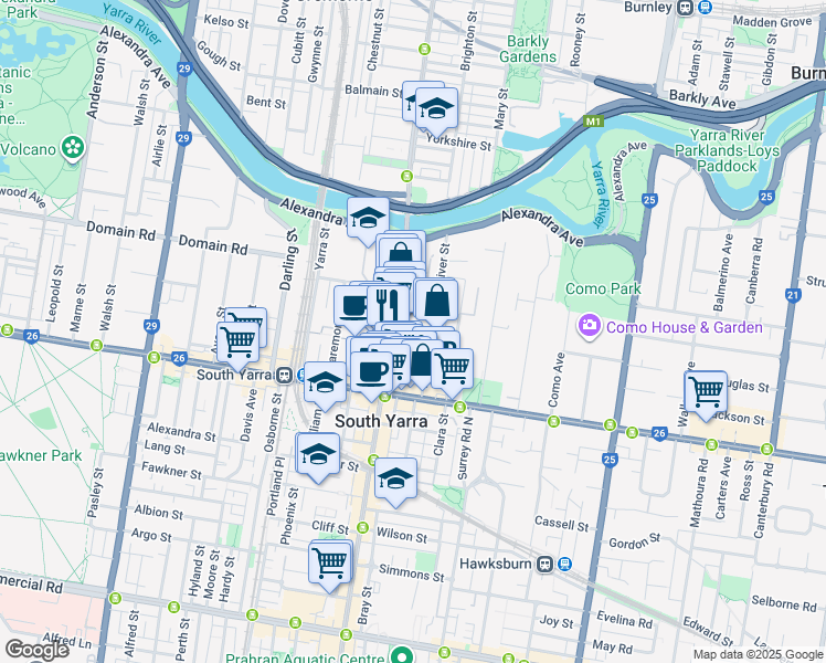 map of restaurants, bars, coffee shops, grocery stores, and more near 35 Malcolm Street in South Yarra