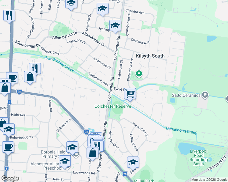 map of restaurants, bars, coffee shops, grocery stores, and more near 2 Eycot Street in Kilsyth South