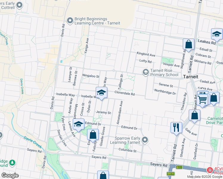 map of restaurants, bars, coffee shops, grocery stores, and more near 50 Cloverdale Road in Tarneit