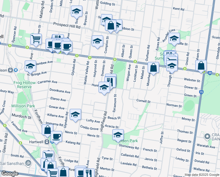 map of restaurants, bars, coffee shops, grocery stores, and more near 120 Highfield Road in Camberwell