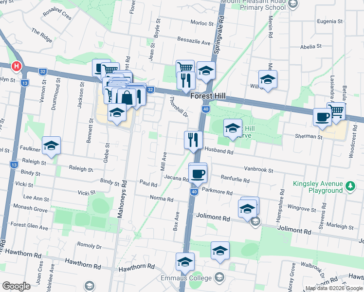 map of restaurants, bars, coffee shops, grocery stores, and more near 34 Thornhill Drive in Forest Hill