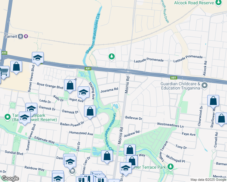 map of restaurants, bars, coffee shops, grocery stores, and more near 5 Jourama Road in Truganina