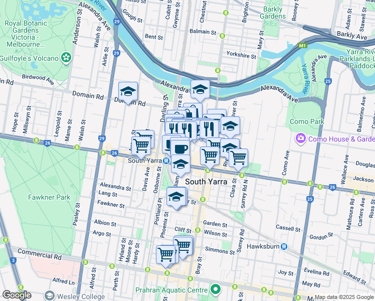 map of restaurants, bars, coffee shops, grocery stores, and more near 10 Claremont Street in South Yarra