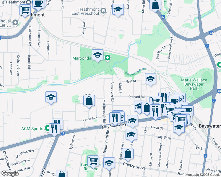 map of restaurants, bars, coffee shops, grocery stores, and more near 39 Armstrong Road in Bayswater