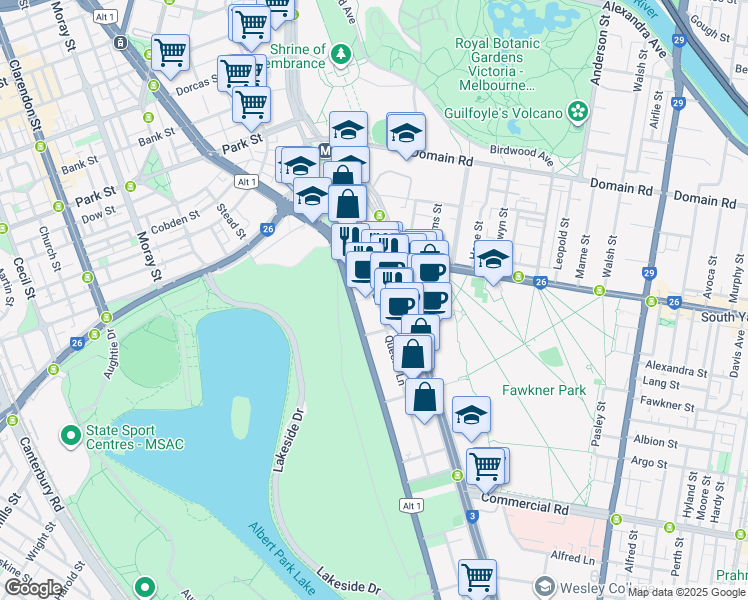 map of restaurants, bars, coffee shops, grocery stores, and more near 11 Queens Road in Melbourne