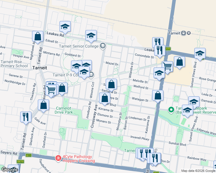 map of restaurants, bars, coffee shops, grocery stores, and more near 25 Safari Drive in Tarneit