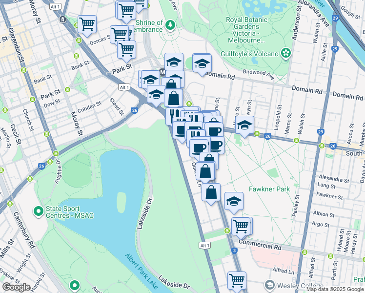 map of restaurants, bars, coffee shops, grocery stores, and more near 11 Queens Road in Melbourne