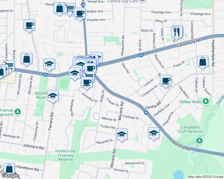 map of restaurants, bars, coffee shops, grocery stores, and more near 23 Boronia Road in Vermont