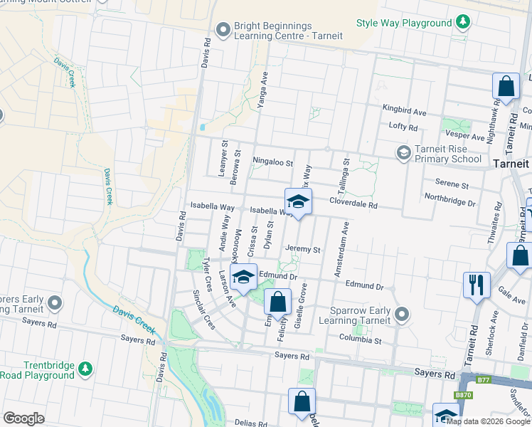 map of restaurants, bars, coffee shops, grocery stores, and more near 52 Isabella Way in Tarneit