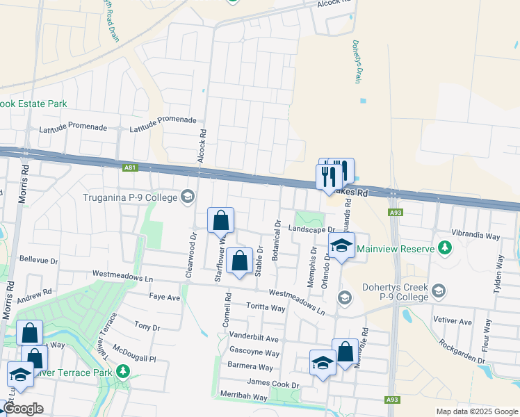 map of restaurants, bars, coffee shops, grocery stores, and more near 13 Gallop Court in Truganina