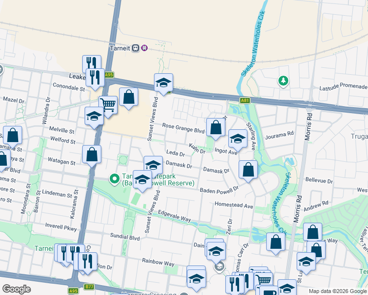map of restaurants, bars, coffee shops, grocery stores, and more near 18 Kulin Drive in Tarneit