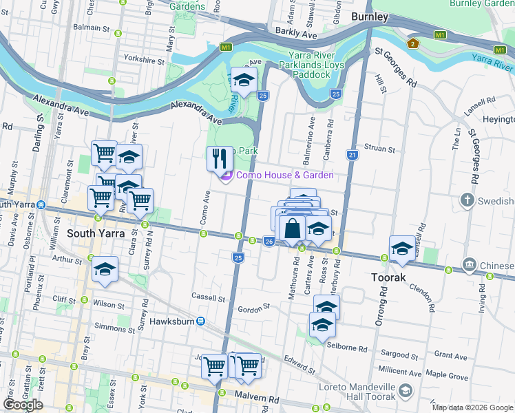 map of restaurants, bars, coffee shops, grocery stores, and more near 284 Williams Road in Toorak