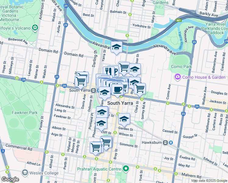 map of restaurants, bars, coffee shops, grocery stores, and more near 229 Toorak Road in South Yarra