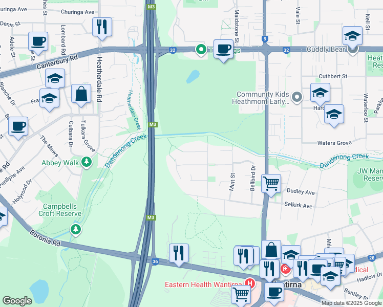map of restaurants, bars, coffee shops, grocery stores, and more near 9 Magnolia Street in Wantirna