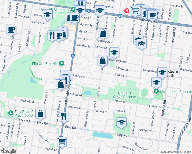 map of restaurants, bars, coffee shops, grocery stores, and more near 41 Aldinga Street in Blackburn South