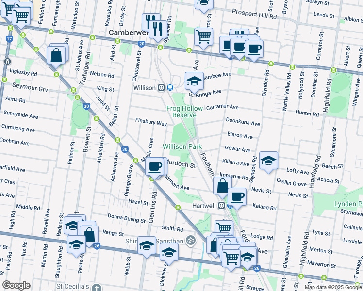 map of restaurants, bars, coffee shops, grocery stores, and more near 8 Culliton Road in Camberwell