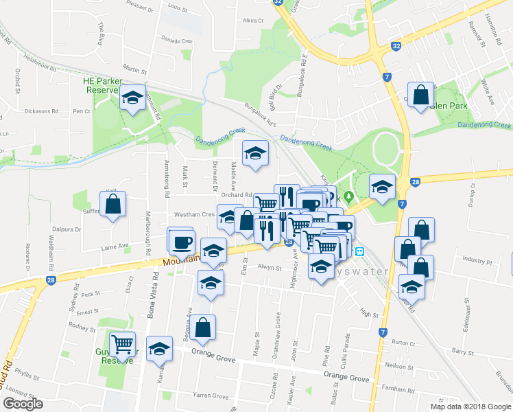 map of restaurants, bars, coffee shops, grocery stores, and more near 17 View Road in Bayswater