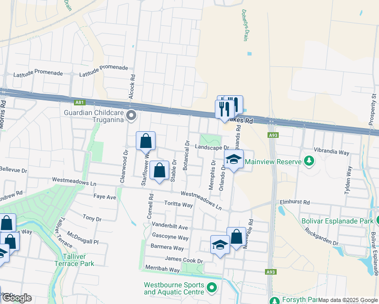 map of restaurants, bars, coffee shops, grocery stores, and more near 32 Botanical Drive in Truganina