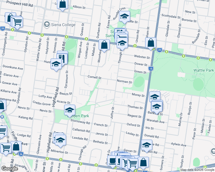 map of restaurants, bars, coffee shops, grocery stores, and more near 28 Cornell Street in Camberwell