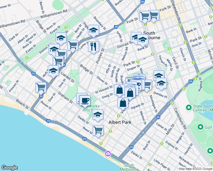 map of restaurants, bars, coffee shops, grocery stores, and more near 34 Saint Vincent Street in Albert Park