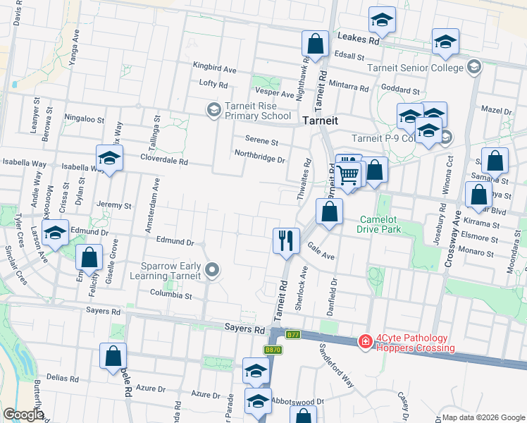 map of restaurants, bars, coffee shops, grocery stores, and more near 4 Pauline Way in Tarneit