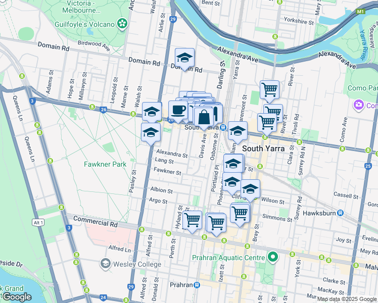 map of restaurants, bars, coffee shops, grocery stores, and more near 5A Powell Street in South Yarra