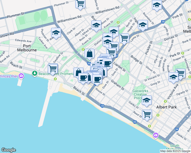 map of restaurants, bars, coffee shops, grocery stores, and more near 101 Bay Street in Port Melbourne