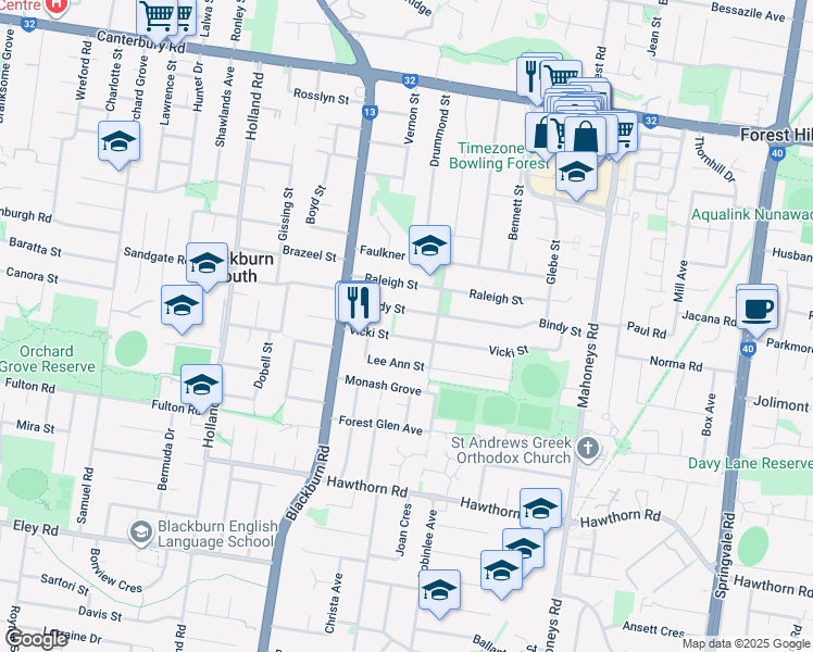 map of restaurants, bars, coffee shops, grocery stores, and more near 25 Vicki Street in Blackburn South