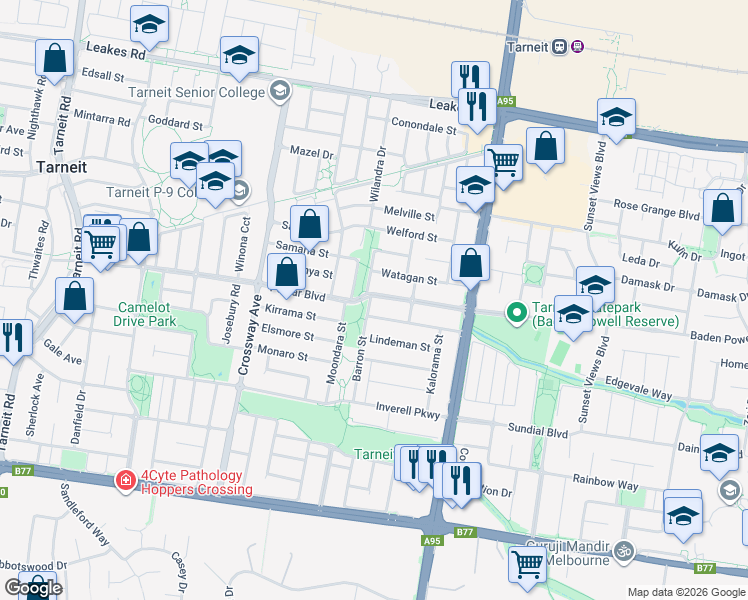 map of restaurants, bars, coffee shops, grocery stores, and more near 1 Barron Street in Tarneit