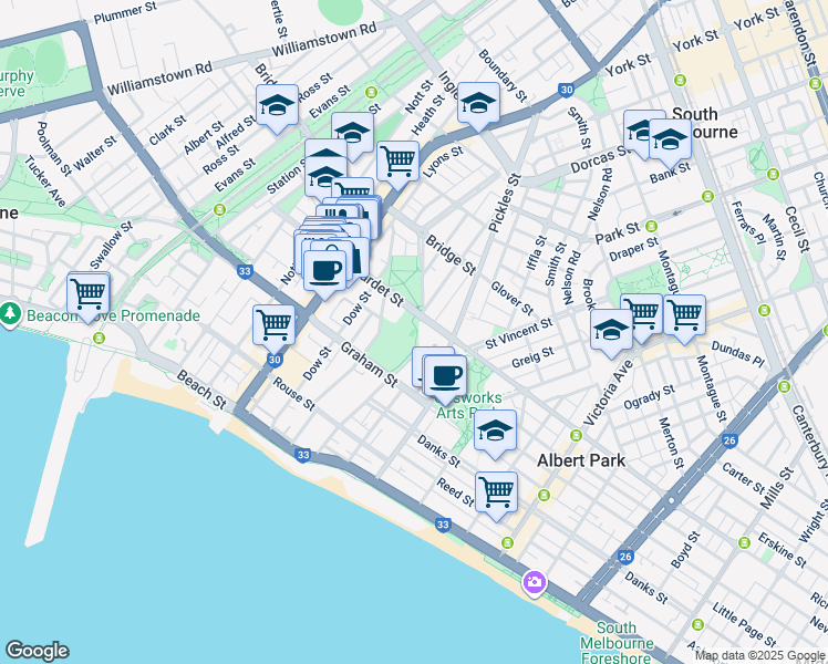 map of restaurants, bars, coffee shops, grocery stores, and more near 81 Liardet Street in Port Melbourne