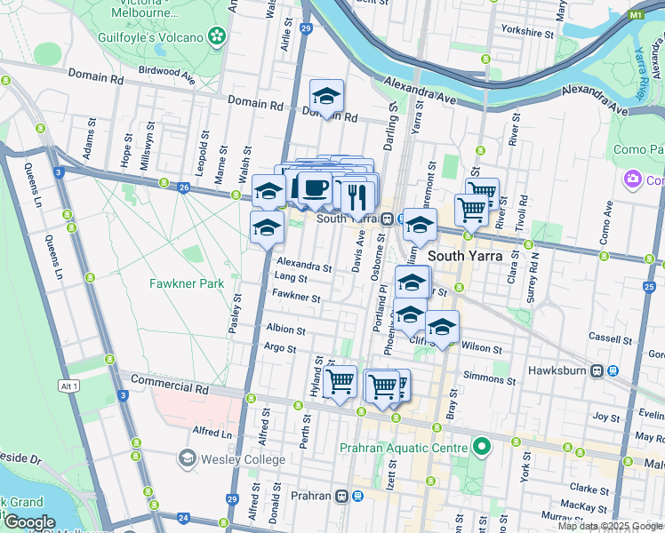 map of restaurants, bars, coffee shops, grocery stores, and more near 5 Powell Street in South Yarra