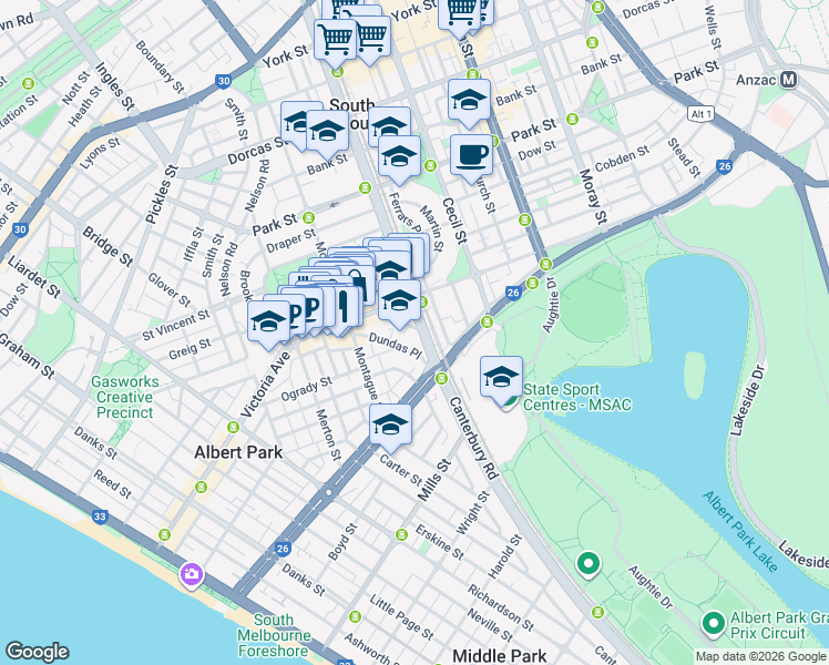map of restaurants, bars, coffee shops, grocery stores, and more near 3 Madden Street in Albert Park