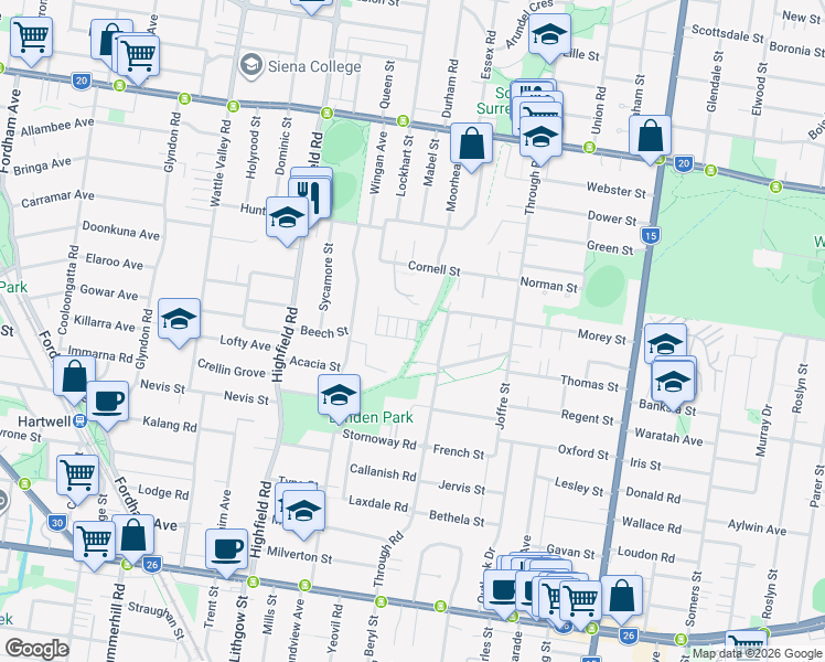 map of restaurants, bars, coffee shops, grocery stores, and more near 31 Ellsworth Crescent in Camberwell