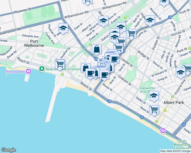 map of restaurants, bars, coffee shops, grocery stores, and more near 166 Rouse Street in Port Melbourne