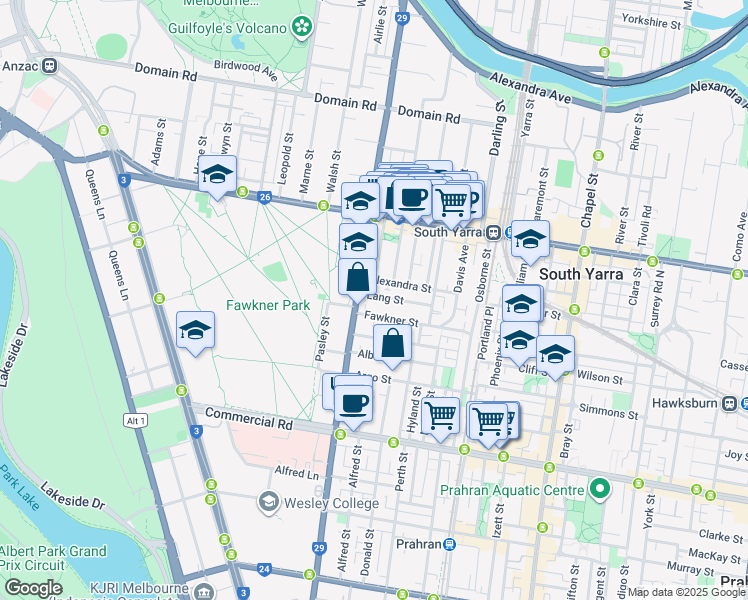 map of restaurants, bars, coffee shops, grocery stores, and more near 10 Lang Street in South Yarra